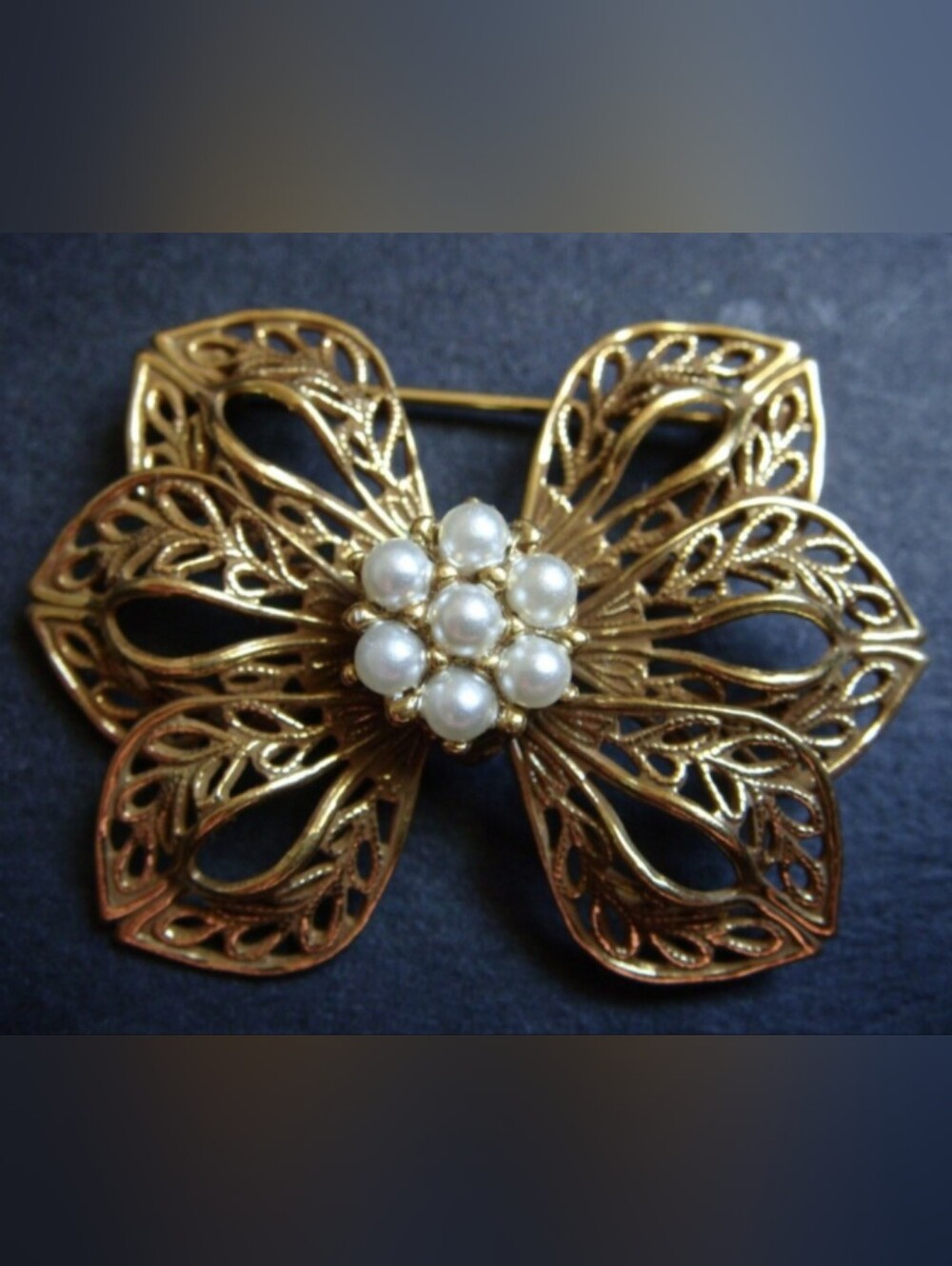 Gold-Tone Floral Filigree Brooch with Faux Pearls - Women Jewelry